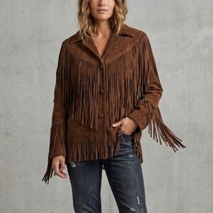PIONEER WEAR SUEDE LEATHER FRINGED JACKET BROWN VINTAGE 14